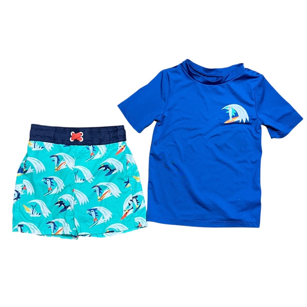 2T Cat & Jack Sharks Surfing Swim Trunks And Rash Guard